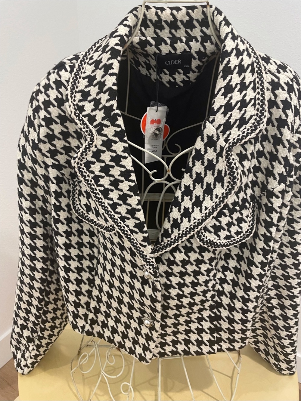 Cider Black & White Houndstooth Tweed Blazer with Pearl Buttons